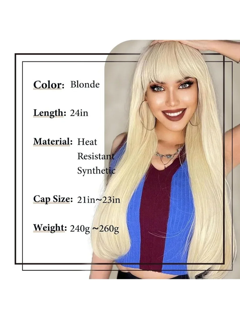 Women's Blonde 24 Inch Heat Resistant Synthetic Long Straight Bangs Wig